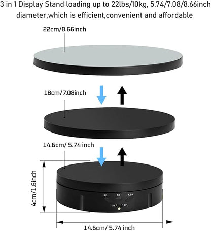 JAYEGT 3 in 1 Motorized Rotating Display Stand with 5.74/7.08/8.66 inch Replacement Mirror Cover， 22lbs Load , 360 Degree Electronic Turntable for Photography Products Shows, Jewelry (Mirror/3 in1 / Black/ NO Remote controller)