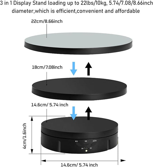 JAYEGT 3 in 1 Motorized Rotating Display Stand with 5.74/7.08/8.66 inch Replacement Mirror Cover， 22lbs Load , 360 Degree Electronic Turntable for Photography Products Shows, Jewelry (Mirror/3 in1 / Black/ NO Remote controller)