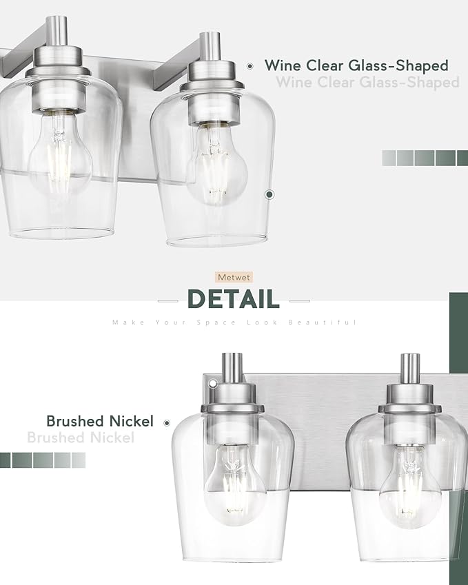 METWET Bathroom Light Fixtures, 3-Light Modern Vanity Light with Clear Glass Wine Glass-Shaped Shade, Vanity Lighting Fixtures Over Mirror, Brushed Nickel, VL155-BN-3