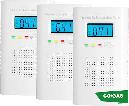 Combination Gas and Carbon Monoxide Detector Plug-in | CO Alarm & Natural Gas Combustible Detector | Digital Display, Battery Backup, Easy Install | for Home Kitchen Safety Monitoring 3-Pack