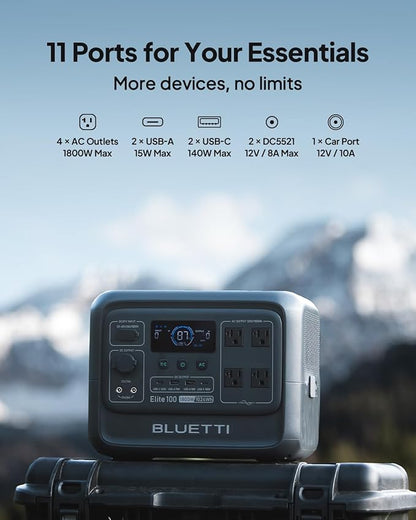BLUETTI Elite 100 V2 Solar Generator with 200W Solar Panel (Ships Separately), Portable Power Station 1024Wh w/ 4 1800W AC Outlets, 35% Smaller, Ideal for Camping, Emergencies, Backup Power