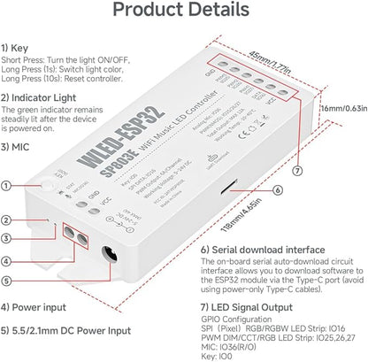 BTF-LIGHTING ESP32 WLED LED Strip Controller SP803E Built-in Mic DIY Dynamic Modes UART USB Type-C Download for WS2811,WS2812,SK6812,WS2814,WS2815 Addressable LED Strip/Matrix,PWM Dimming CCT RGB LED