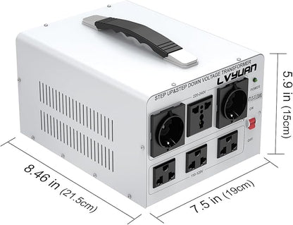 LVYUAN Heavy Duty 3000W Watt Voltage Transformer Converter Step Up/Down Converter 110/120 Volt - 220/240 Volt with 3 US,2 European,1 Universal Outlets and CE Certified,Circuit Break Protection