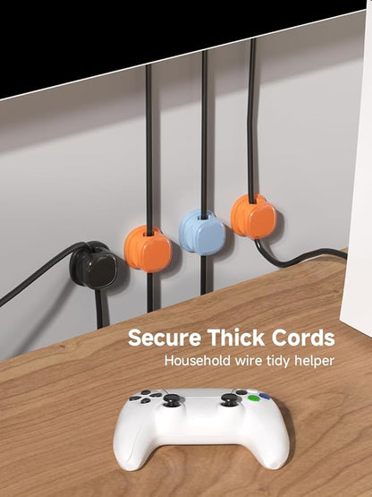 9 Pack Cord Organizer, Spring Cable Management, Adhesive Cute Cable Holder Clips, Phone Charger Wire Keeper for Desk Nightstand Car Office (9-Pack Black_Orange_Blue)