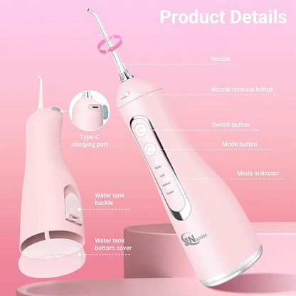 JNGOODS Cordless Water Dental Flosser Oral irrigator,JNGOODS 300ml Rechargeable Water flosser for Teeth IPX7 Waterproof 4 Modes Portable Oral Irrigator with 4 Jet Tips, Travel Home use (Pink)