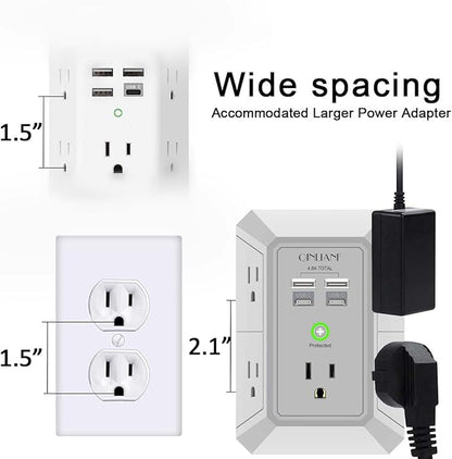 USB Wall Charger, Surge Protector, QINLIANF 5 Outlet Extender with 4 USB Charging Ports (4.8A Total) 3-Sided 1680J Power Strip Multi Plug Outlets Wall Adapter Spaced for Home Travel Office(2U2C),Grey