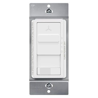 TOPGREENER Kalide Light Switch and 3-Speed Ceiling Fan Control Combo, in Wall Light and Fan Combination Switch, Single Pole, 2.5A, 720W, Neutral Wire Not Required, TGSFS3-W, White