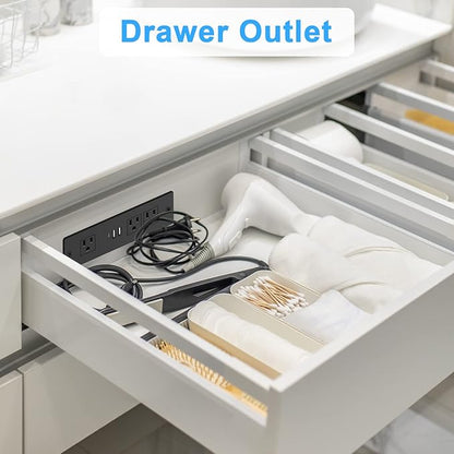 HEZI Recessed Power Strip, Furniture Drawer Outlet with 20W PD USB-C & 18W QC3.0 USB-A, Plug in 3 Outlets & USB Ports, Flush Mount 6FT Black Cord Conference Desk Outlet Fast Charge