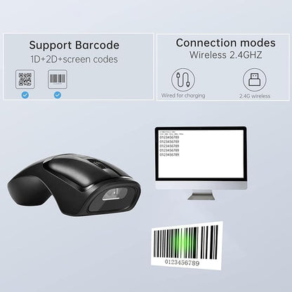 THARO New Wireless Mouse Barcode Scanner, 2-in-1 Design 2D Handheld Barcode Scanner with Wireless Mouse Functions for POS System,Store,Supermarket, Warehouse.(Black)