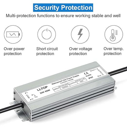 LLTOP LED Driver 60 Watts 100-264V AC to 24V DC 2.5A Power Supply Waterproof Low Voltage Transformer Ultra Thin Converter for Indoor Outdoor LED Lights