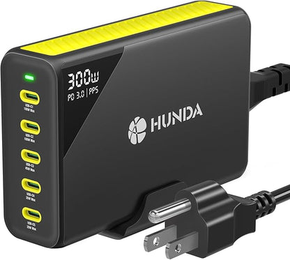 HUNDA 300W USB C Charger GaN Charging Station Desktop 5 Ports PD 100W Fast Power Adapter Support PD3.0 /PPS 45W /QC5 for MacBook Pro/Air, iPhone 15 Pro,Samsung,HP,Dell etc