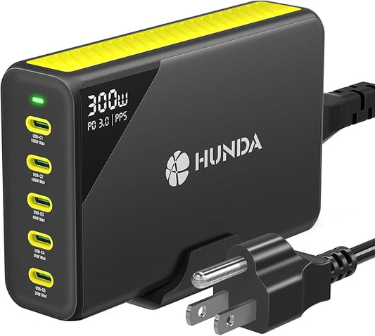 HUNDA 300W USB C Charger GaN Charging Station Desktop 5 Ports PD 100W Fast Power Adapter Support PD3.0 /PPS 45W /QC5 for MacBook Pro/Air, iPhone 15 Pro,Samsung,HP,Dell etc