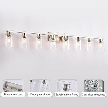 8-Light Brushed Nickel Vanity Light Fixtures,Modern Large Bathroom Light Fixtures Wiht Clear Glass ShadeRust and Moisture Resistant Easy to Install Vanity Lights for bathroom lights over mirror