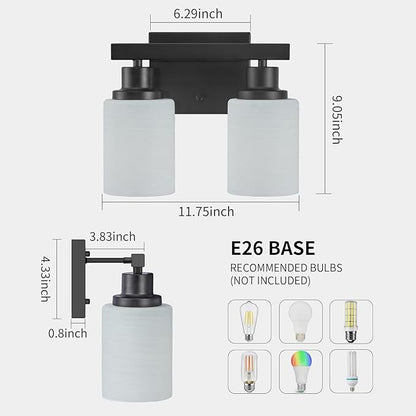 DIKAIDA Bathroom Light Fixtures Over Mirror, 2-Light Modern Matte Black Vanity Lights with White Frosted Glass Shade, Bathroom Wall Lamp Sconces for Mirror Bedroom, Living Room Hallway Small Space