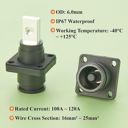 1 Set Battery Energy Storage Connector 100A 16mm² High Current HV Connectors Quick Plug Terminal Right Angle Plug and Socket IP67 Waterproof Power Adapter (Black, 100A)