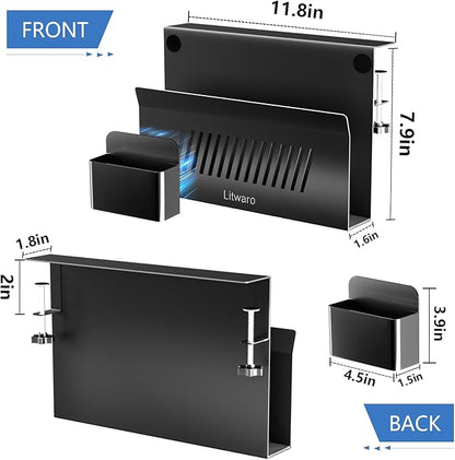 Litwaro Desk Side Storage, No Drill Laptop Holder with Magnetic Pen Holder, Clamp on Laptop Mount with Sticky Headphone Stand, Hanging Organizer for Office, Fits Flat Table Edge 0.4" to 2" (Black) | No Drill, Magnetic Pen Holder, Fits Flat Table Edge