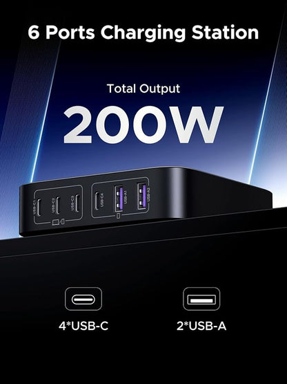 UGREEN 200W USB C Charger, Nexode 6-Port GaN Desktop Charger, USB C Charging Station for MacBook Pro/Air, iPad Pro/Air, iPhone 16/15/14, Galaxy S24 Ultra, Steam Deck