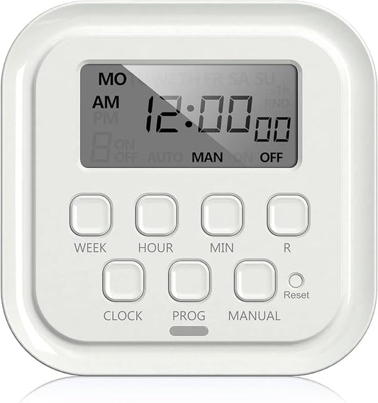 HBN 7 Day Heavy Duty Digital Timer, Dual Outlet, On/Off Programs 3-Prong Programmable Timer, Indoor, for Lamp, Light, Fan, Pets, Home, Kitchen, Office, Appliances, 125V, 15A, 1875W, 60Hz