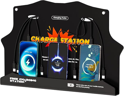 Wall Mounted Cell Phone Charging Station with 8-Port High-Speed Cables – Universal Dock for Apple, Type-C & Android Devices – Ideal for Airports, Hotels, Malls, Offices, Schools (Black)
