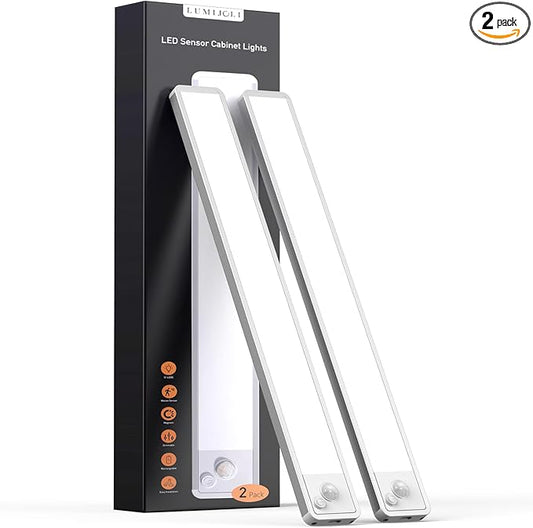LUMIJOLI 2 Pack Under Cabinet Lighting Wireless 10inch LED Motion Sensor Magnetic Light 2200maAh Rechargeable Indoor Closet Lights for Kitchen, Stairs Cool White