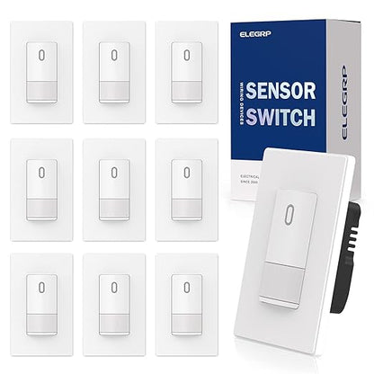 ELEGRP Occupancy Motion Sensor Light Switch, PIR Infrared Motion Activated Wall Switch, No Neutral Wire, Single Pole for CFL/LED/Incandescent Bulb, with Wall Plate, UL Listed (10 Pack, Matte White)