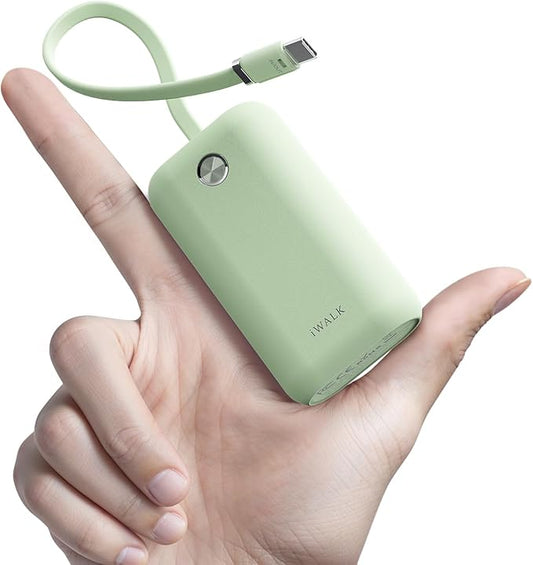 iWALK Mini Portable Charger 10,000mAh, 22.5W USB-C Fast Charging Power Bank with Built-in Cable, Travel Essential Ultra-Small Battery Pack Compatible for iPhone 17/16/16 Pro/15, Samsung, Google, Green
