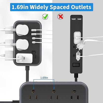 10 in 1Power Strip NTONPOWER Ultra Thin Flat Plug Extension Cord with 4 USB Ports(Include 2 USB C) Surge Protector Power Strip with Flat Cord 6 Widely Spaced Outlet(2 Side) 5 Ft Extension Cord-Black