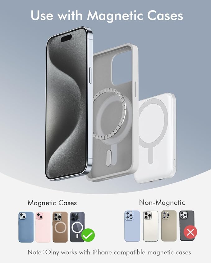 podoru for Magsafe Battery Pack, 5000mAh Magnetic Power Bank with Type-C Cable 20W PD Fast Charging Lighting Input Wireless Portable Charger for iPhone 16/15/14/13/12/ All Series-White