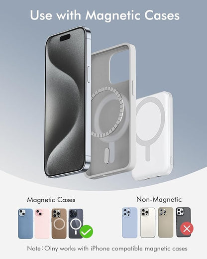 podoru for Magsafe Battery Pack, 5000mAh Magnetic Power Bank with Type-C Cable 20W PD Fast Charging Lighting Input Wireless Portable Charger for iPhone 16/15/14/13/12/ All Series-White