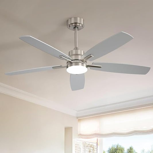 ARTPLAN 52" Ceiling Fan with Light and Remote, Noiseless DC Motor & Reversible Blades - Flush Mount LED Ceiling Fan for Bedroom, Living Room, Dining Room,Nickel