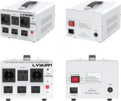 LVYUAN Heavy Duty 5000W Watt Voltage Transformer Converter Step Up/Down Converter 110/120 Volt - 220/240 Volt with 3 US,2 European,1 Universal Outlets and CE Certified,Circuit Break Protection