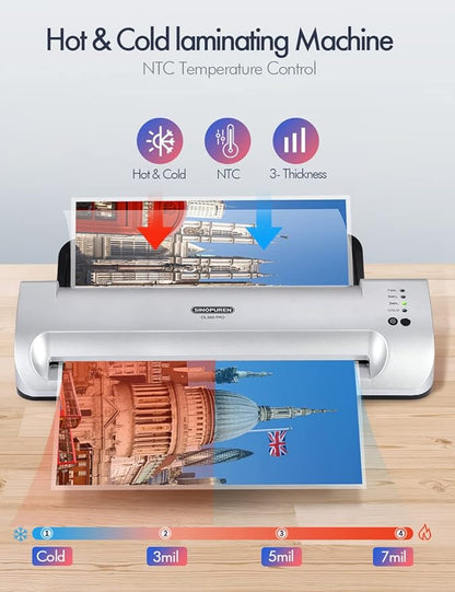 SINOPUREN 13-Inch Thermal & Cold Laminator Machine, Quick Warm-Up, 3 Temp Settings, Jam-Free ABS, Built-in Paper Trimmer & Corner Rounder, 10 Laminating Pouches, for Home Office School