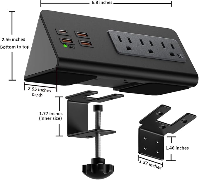 Upgraded Version Edge Mount Power Strip with USB-C Ports Tabletop Surge Protector Desk Clamp Power Sockets with 3 AC Outlets &4 Fast Charging USB Ports for Home Office Hotel Dormitory (Black - 2pack)