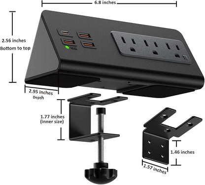 Upgraded Version Edge Mount Power Strip with USB-C Ports Tabletop Surge Protector Desk Clamp Power Sockets with 3 AC Outlets &4 Fast Charging USB Ports for Home Office Hotel Dormitory (Black - 1pack)