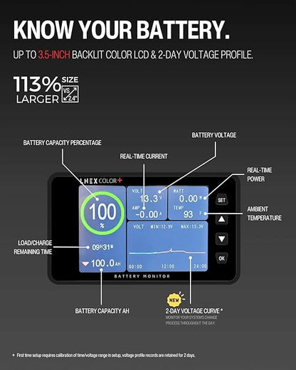 LNEX 500A Battery Monitor with Shunt, 3.5" Color Screen RV Monitor with 16ft Cable, Support High Low Voltage Current Programmable Alarm for 8-120V Lifepo4, Lithium, Gel, Flooded Battery