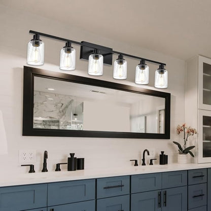 WINSHEN 6-Light Seeded Glass Vanity Light Fixtures in Matte Black Finish, 45.3 Inches Length Modern Bathroom Wall Lighting Over Mirror Wall Mount Lights