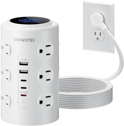 Tower Power Strip with 1 Dedicated PD 20W Fast-Charging Port, 12 Outlets, 5 USB Ports (3 USB-C), 1800J Protector, Desk Charging Station for Multiple Devices,10FT Extension Cord, Home Office Essentials
