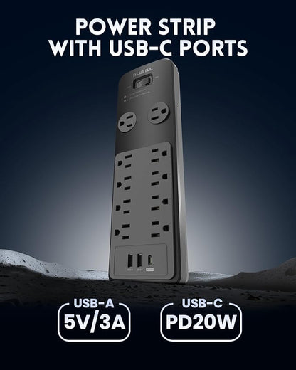 Surge Protector Power Strip 20FT, PLUGTUL Surge Protector with 10 Outlets - Spacious Design for Large Plugs, Flat Plug, 20W USB C Charging for Home, Office, ETL Listed, 2040J