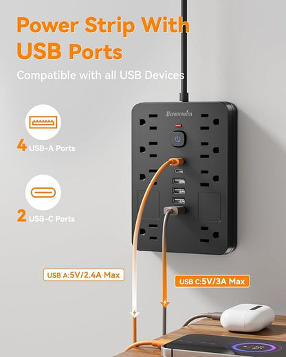 Bawmwim Surge Protector Power Strip - 8 Outlets(1850W/15A) with 6 USB Ports（2 USB C, 6FT Flat Plug Extension Cord, Wall Mount Multi Plug Outlet Extender, ETL Listed for Home, Dorm Room, Black
