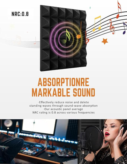 Acoustic Foams Panels 24 Pack 2" x 12"x 12" Sound Proof Foam Panels for Walls High Density and Fire Resistant Soundproofing Panels Soundproof Studio Pyramid Sound Dampening Panels Black Red