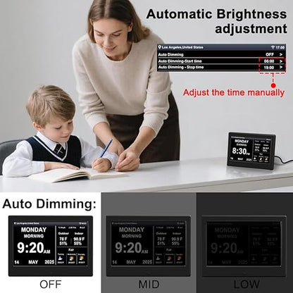 FEYBYLA 2025 New Digital Clock with Temperature/Humidity & Weather Forecast, Auto Time Sync Large Display, Custom Alarms & Medication Reminders, Ideal for Elderly(Black, 7-Inch)