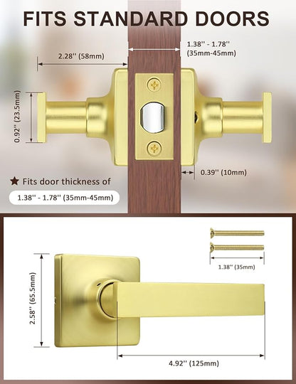 Mengico 5 Pack Passage Door Levers Gold Finish, No-Locking Keyless Square Door Knob, Interior Door Handles for Closet and Hallway, Reversible for Left & Right Handed