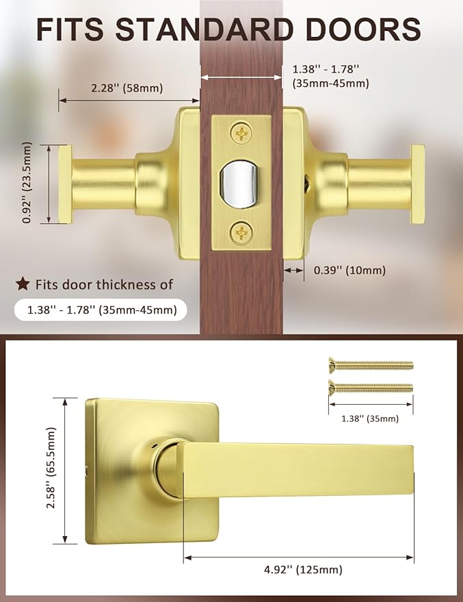 Mengico 2 Pack Passage Door Levers Gold Finish, No-Locking Keyless Square Door Knob, Interior Door Handles for Closet and Hallway, Reversible for Left & Right Handed