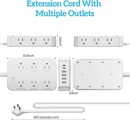 Solidock Flat Plug Power Strip Surge Protector with 12 AC Outlets 6 USB Ports 3 Side Multi Plug Outlet Extender 15 Ft Extension Cord for Home Office Kitchen Dorm Wall Desk Charging Station ETL Listed
