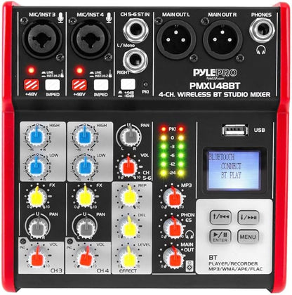 PYLE Studio Audio Sound Mixer Board - 4 Channel Bluetooth Compatible Professional Portable Digital DJ Mixing Console with USB Mixer Audio Interface - Mixing Boards For Studio Recording - PMXU48BT