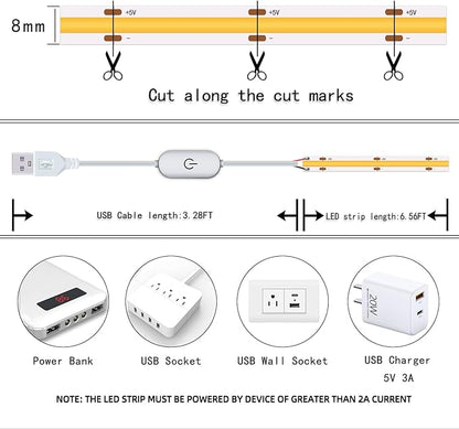 UVTaoYuan Led Strip Lights 5V USB 6.56ft/2m 640 LEDs Touch stepless Dimmable USB COB LED Strip Light 6000K White 10W Flexible 5v led Lights for Bedroom Kitchen,DIY Lighting Room Decor tv led Lights