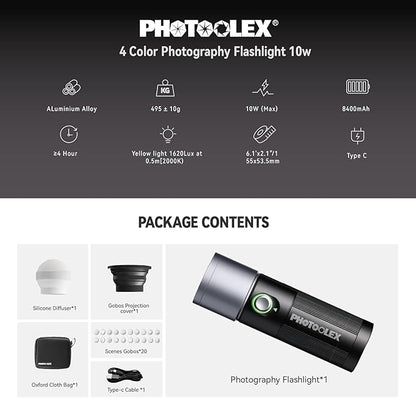 PHOTOOLEX 4 Colors Photography Flashlight with 20 Magnetic Pattern Gobos, 8400mAh Portable Spotlight, 10W LED Studio Light for Photo, Content Creation Accessories