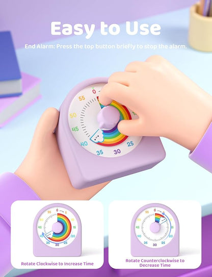 LIORQUE Visual Timer for Kids with Pause Function,Timer for Kids and Adults, Protective Case, Silent Time Management Tool, 60-Minute Countdown for Classroom, Office, Meetings, Study, Kitchen(Rainbow)