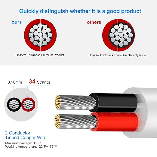 18 Gauge 2 Conductor Electrical Wire, 16.4FT Low Voltage 18/2 Tinned Copper Stranded 2 Wire Cable, 18 AWG White Flexible Extension Power Cord for Automotive, LED Lamp, Outdoor Landscape Lighting Etc
