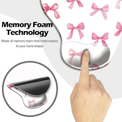 Ergonomic Mouse Pad with Wrist Support,Cute Mouse Pad with Wrist Rest and Coaster Set,Office Supplies Non-Slip Mouse Pads for Desk, Non-Slip Comfortable,Pink Bow